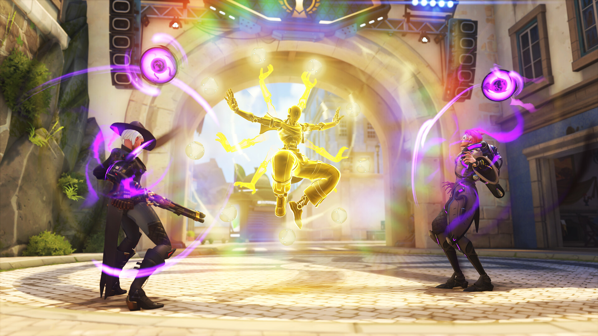 Overwatch 2 gameplay screenshot — team fight with ESP and wallhack overlay context
